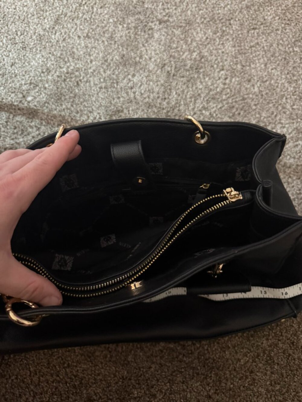Anne Klein Black Faux Leather Satchel Handbag Gold Chain Detail Tote Bag Repair - Picture 3 of 6